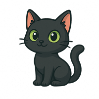 En tegnet sort kat med store grønne øjne, der sidder og ser venlig ud.